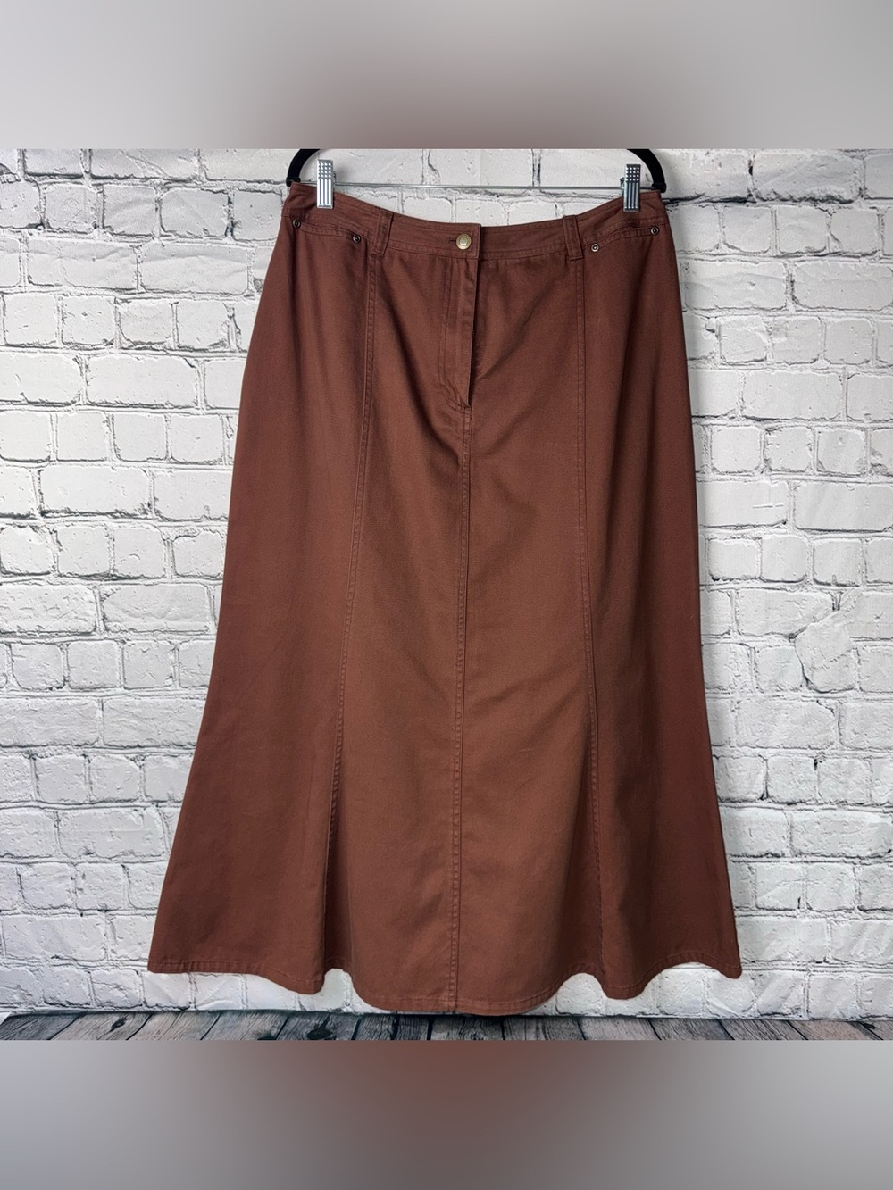 Vintage 90s Y2K David N Sport Brown Fit & Flare Midi Skirt 100% Cotton Size 16